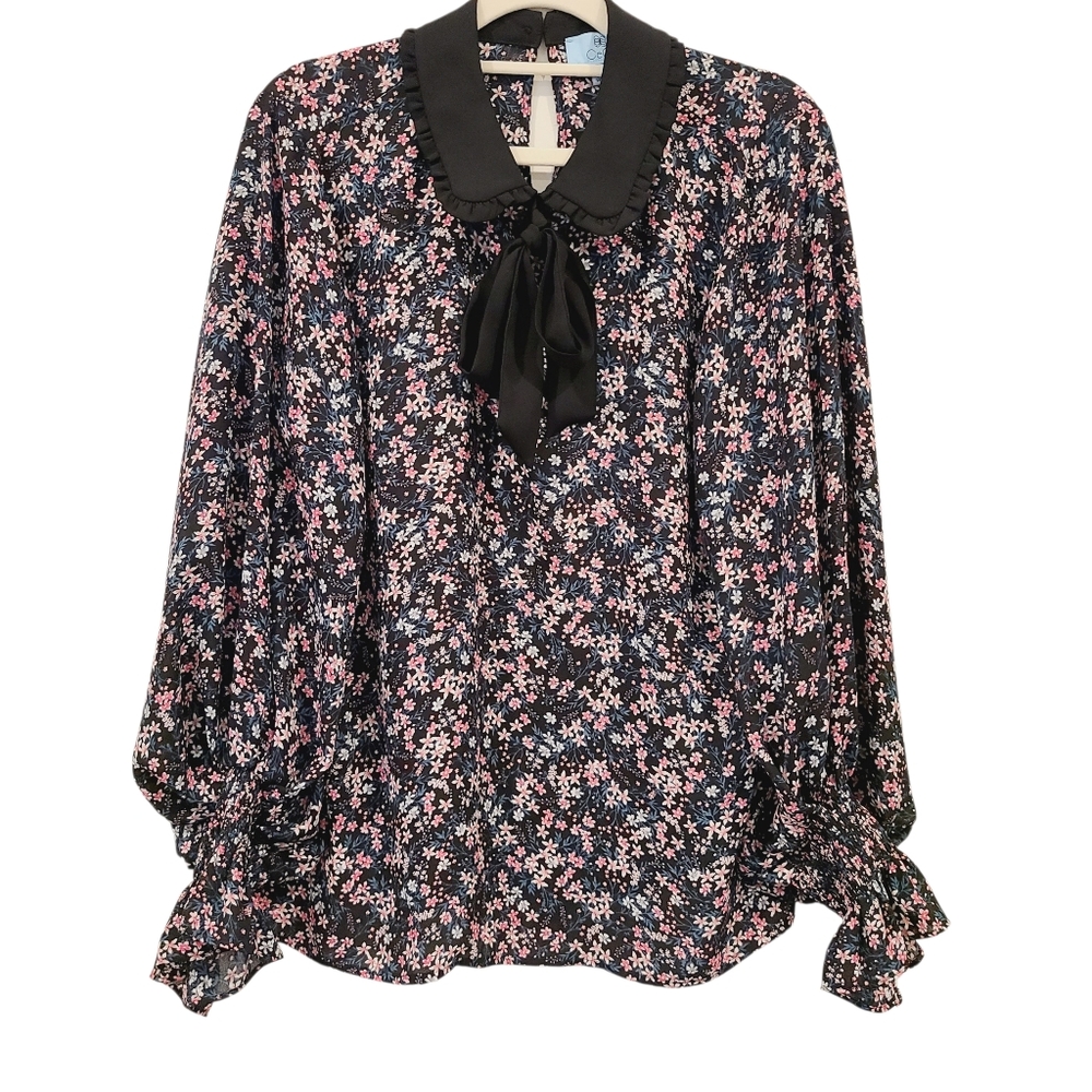 CeCe Floral Tie Neck Detail Wide Long Sleeve Blouse